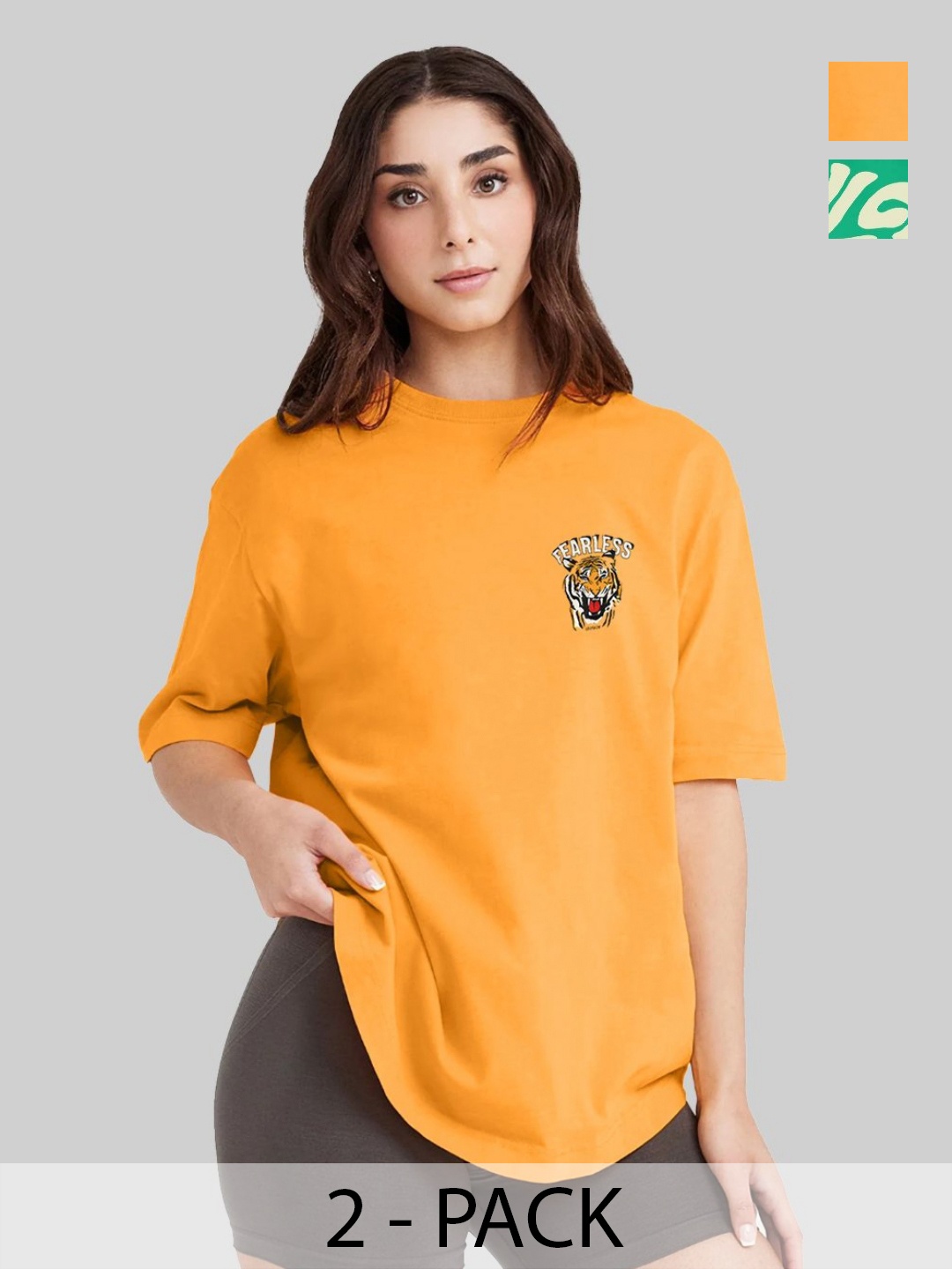 

Leotude Women Pack Of 2 Graphic Printed Round Neck Cotton Oversized T-shirts, Yellow
