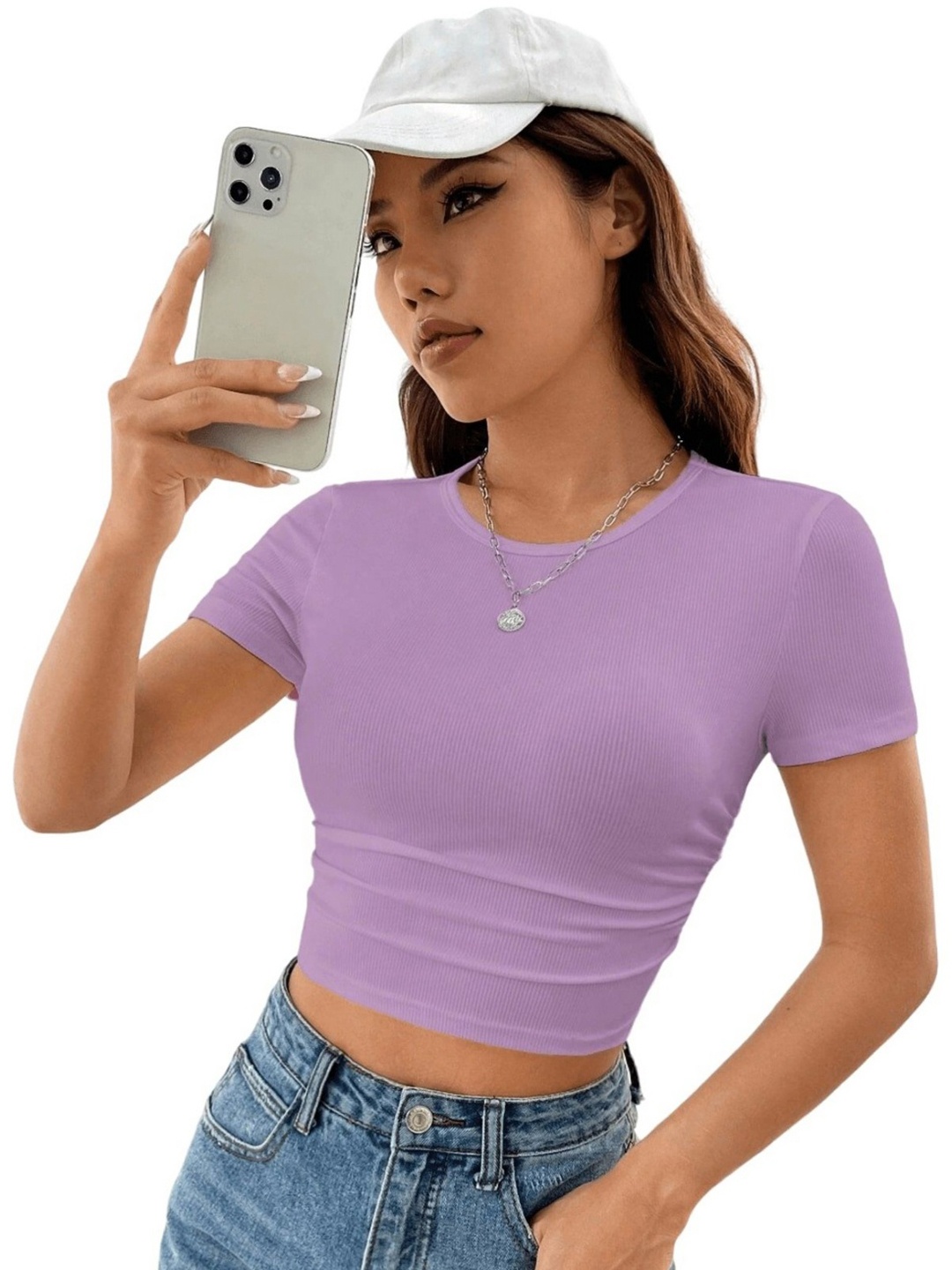 

Moda Rapido Women Self Design Round Neck Slim Fit T-shirt, Purple