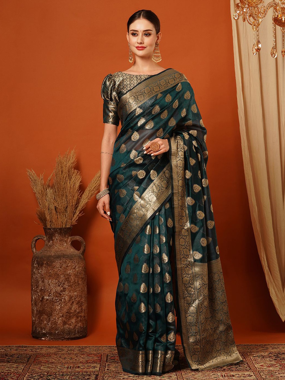 

SILKWEAR Ethnic Motifs Organza Handloom Banarasi Saree, Teal