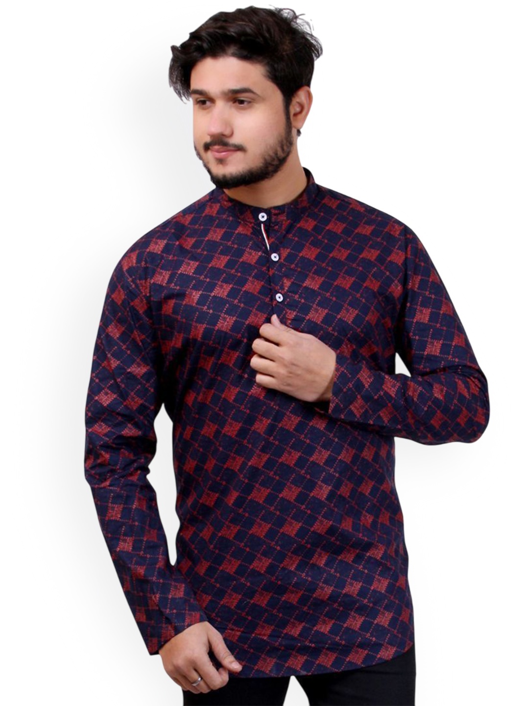 

MADE IN THE SHADE Abstract Printed Band Collar Cotton Straight Short Kurta, Navy blue