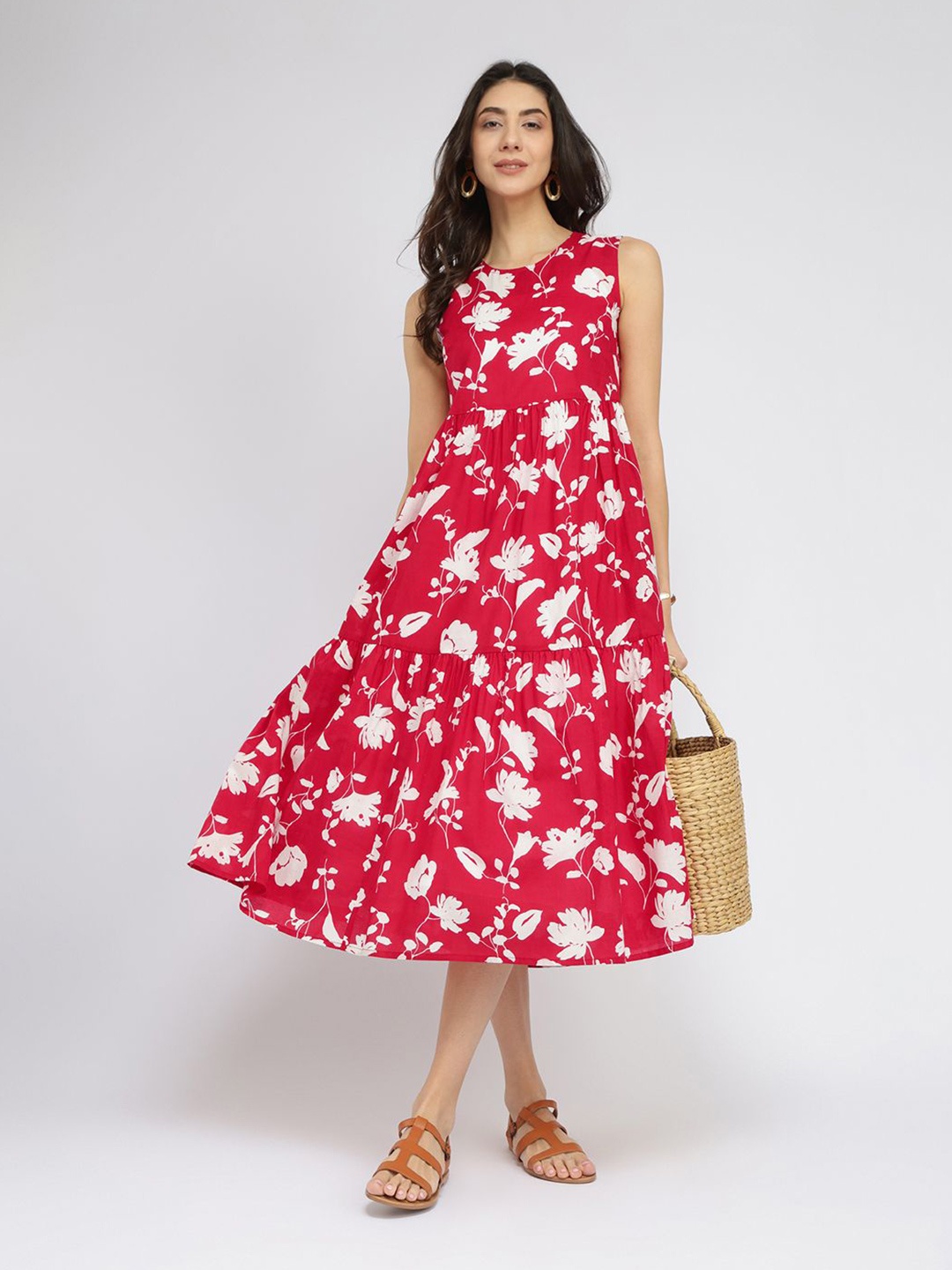 

Pink Fort Cotton Floral Sleeveless Tiered Dress - Red & White