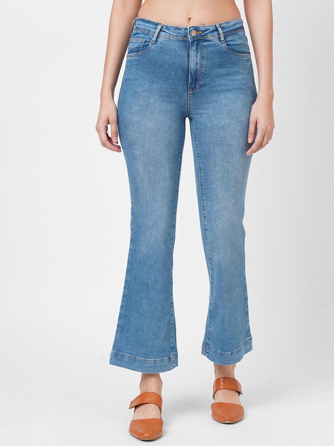 

Kraus Jeans Women Flared High-Rise Heavy Fade Clean Look Jeans, Blue