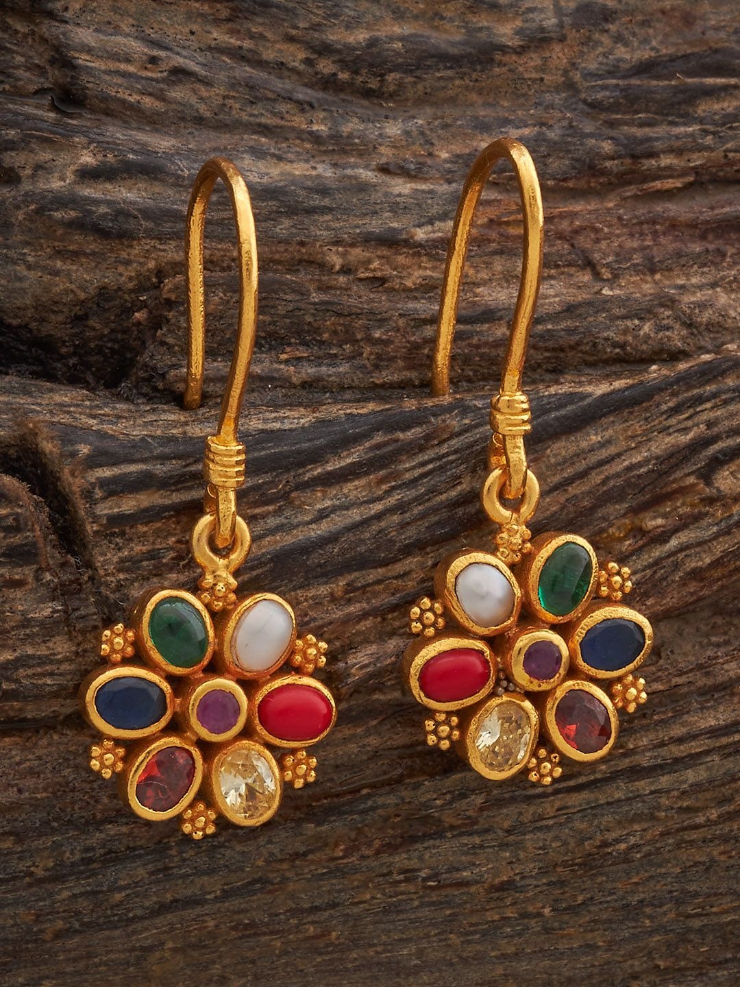 

Kushal's Fashion Jewellery 92.5 Sterling Silver Gold-Plated Navaratna Temple Drop Earrings