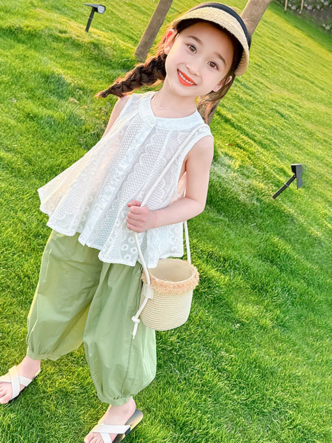 

LULU & SKY Girls Embroidered Band Collar Pure Cotton Top With Joggers, White