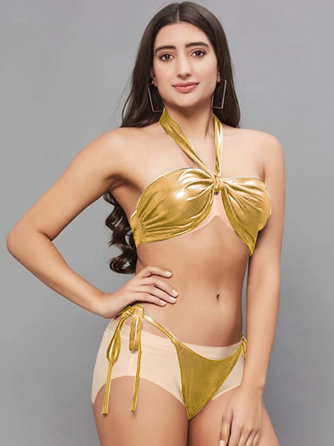 

KRENOZ Halter Neck Tie Ups Bikini Set, Gold