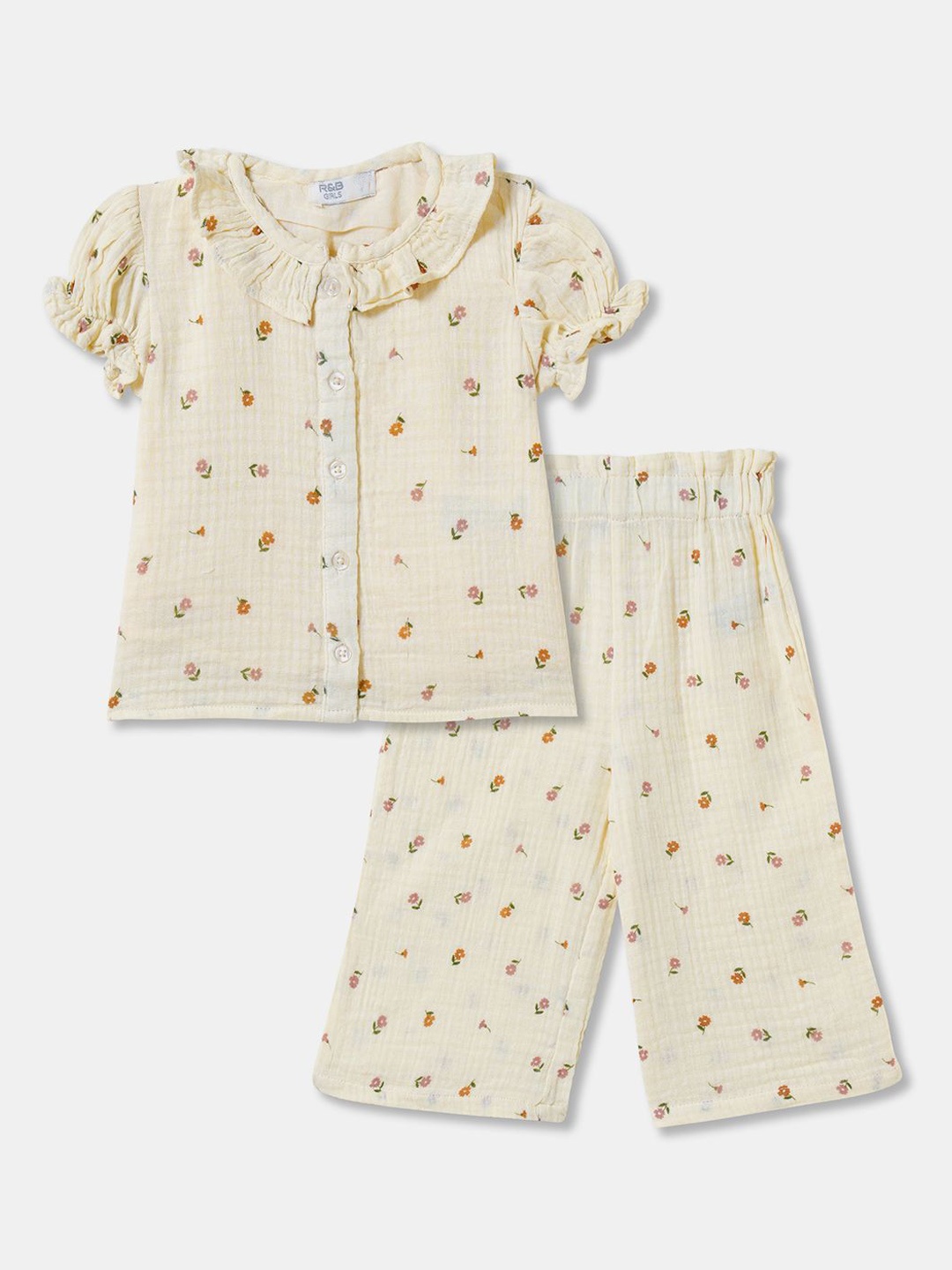 

R&B Infant Floral Printed Pure Cotton Shirt With Trousers, Beige