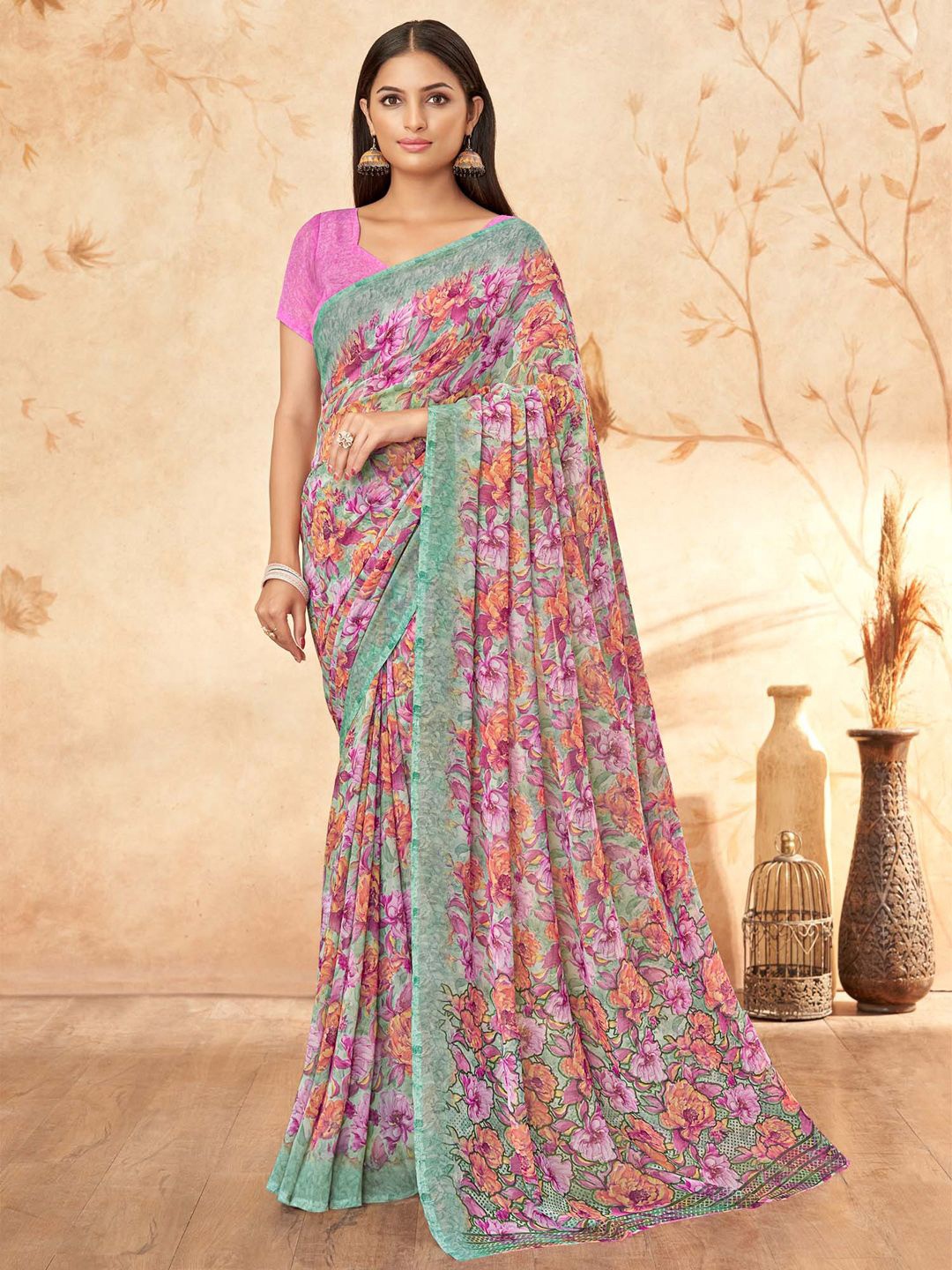 

Anouk Rustic Floral Poly Georgette Sungudi Saree, Purple
