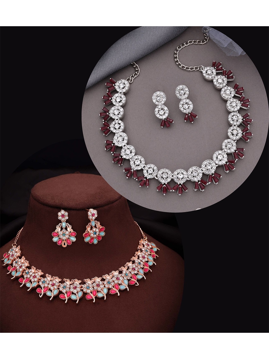 

DIVASTRI Set Of 2 Silver-Plated Artificial Stones Studded Jewellery Set