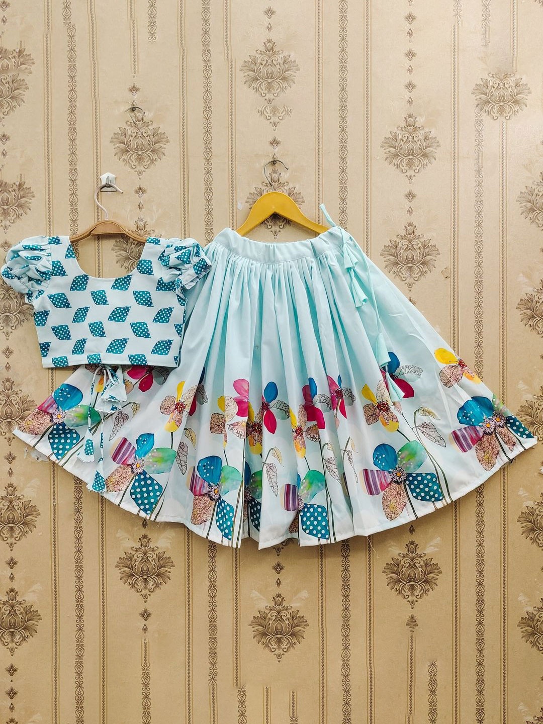 

JOVK DESIGN Girls Blue Printed Ready to Wear Lehenga