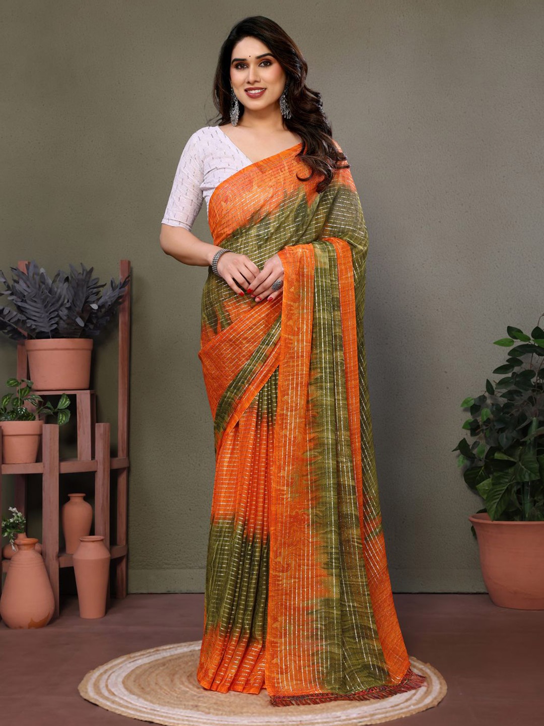 

SILKWEAR Pure Georgette Block Print Saree, Green