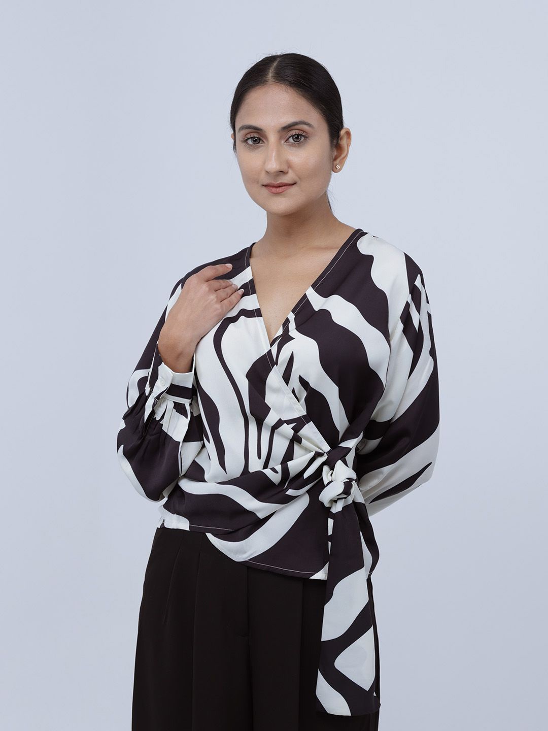 

Strong And Brave Print Puff Sleeve Satin Wrap Crop Top, Black