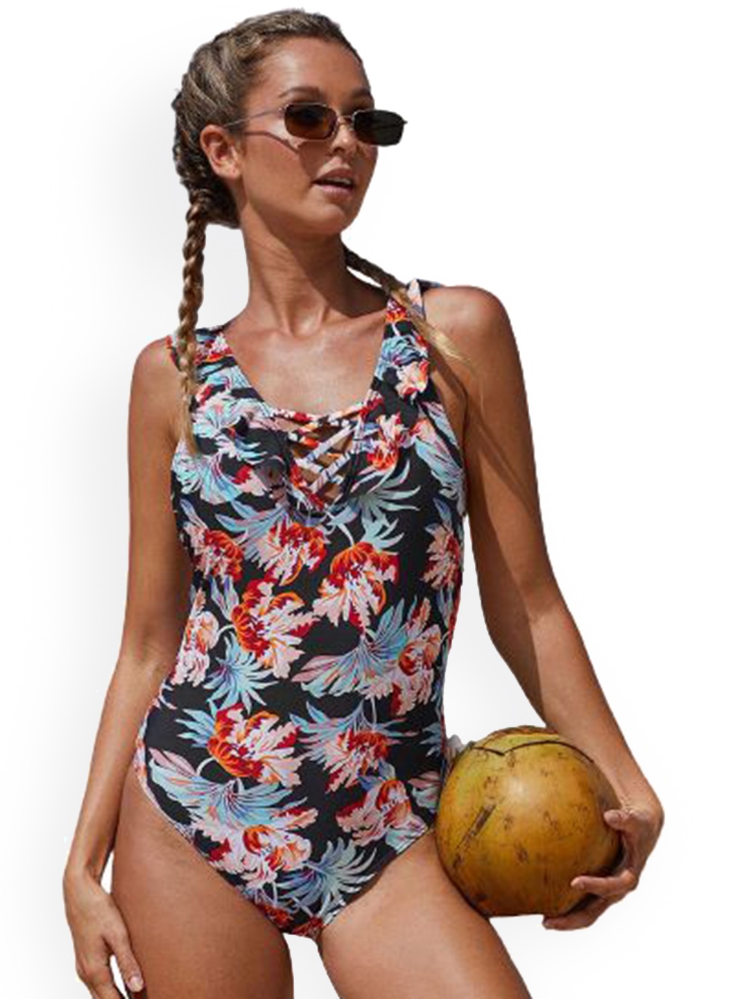 

Plus Curvves Floral Printed Ruffle Shoulder Straps Bodysuit, Navy blue