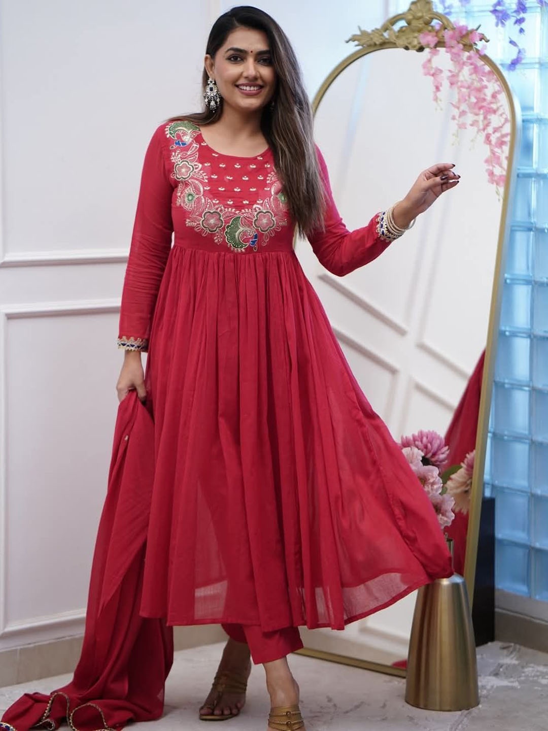 

Anara Floral Embroidered Sequinned Round Neck Anarkali Kurta With Pyjama And Dupatta, Red