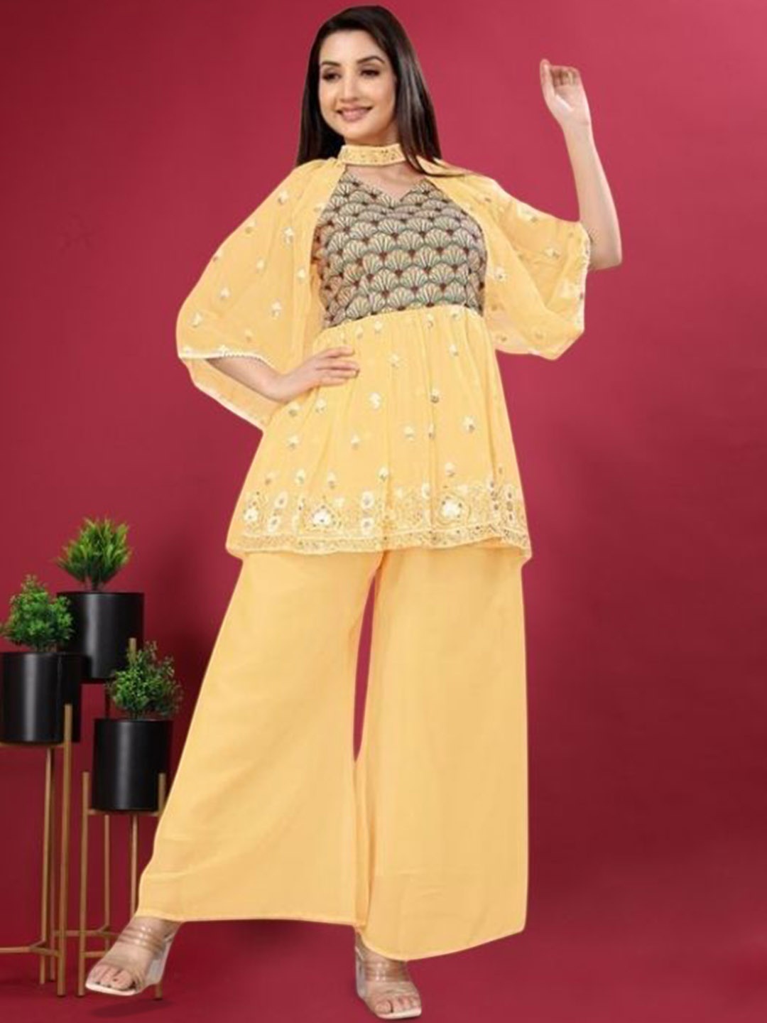 

PARROT CREATION Floral Embroidered V-Neck Georgette A-Line Kurti With Palazzos And Cape, Yellow