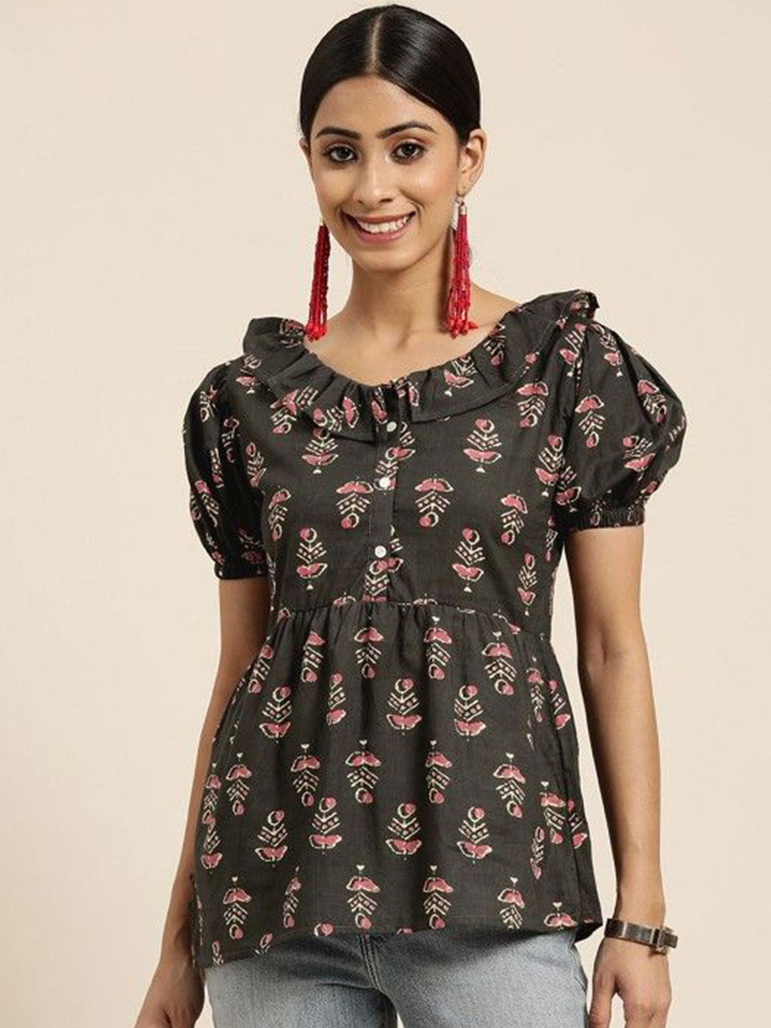 

DressBerry Floral Print Puff Sleeve Cotton Top, Grey