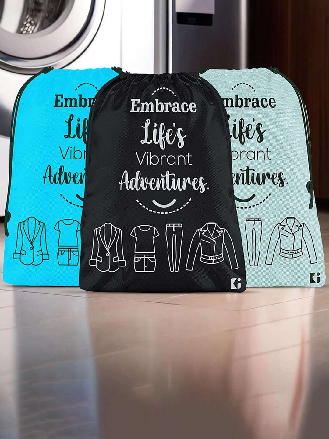 

Kuber Industries Blue & Black Pack Of 3 Typography Printed Cloth Storage Bag For Travel