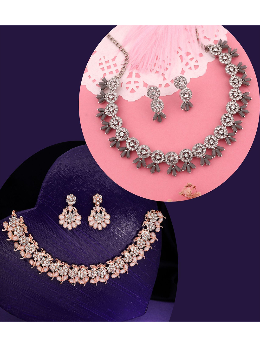 

DIVASTRI Pahal Set Of 2 Silver-Plated & Rose Gold-Plated AD Studded Jewellery Set