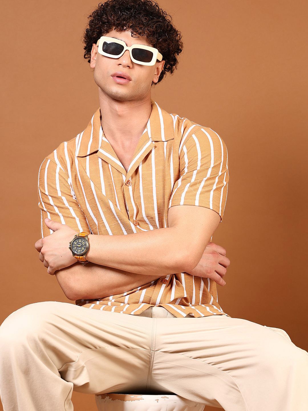 

V-Mart Men Opaque Striped Casual Shirt, Mustard
