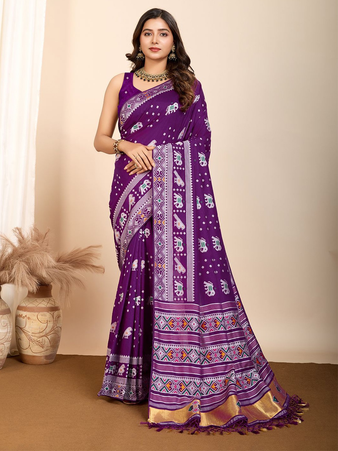 

Iris Woven Design Zari Pure Silk Patola Saree, Purple
