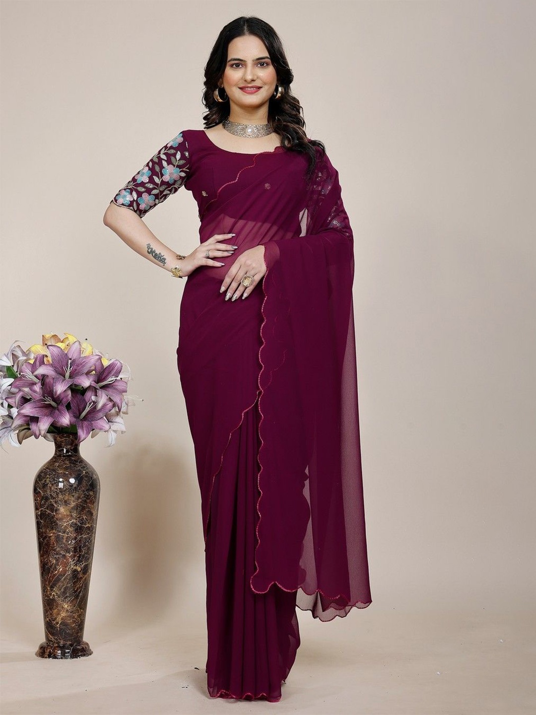 

K 5 Fashion Embroidered Pure Georgette Saree, Purple