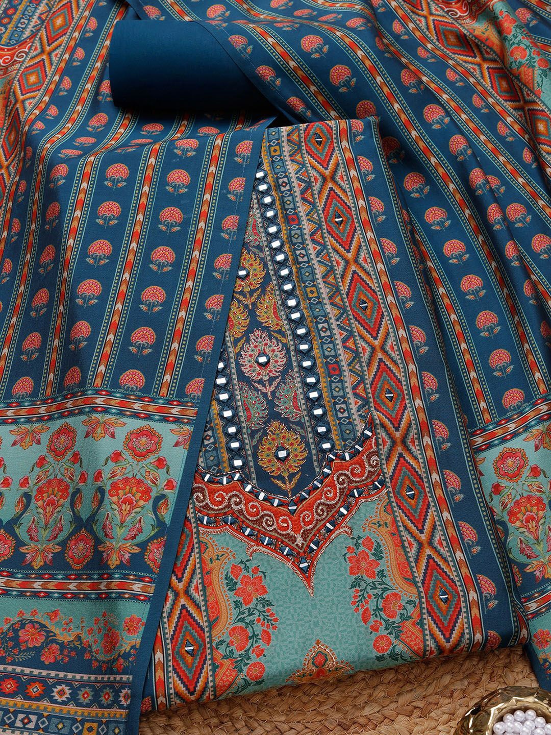 

Soch Ethnic Motifs Printed Mirror Work Modal Silk Unstitched Dress Material, Blue