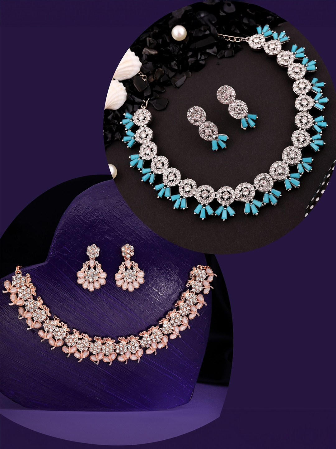 

DIVASTRI Set Of 2 Rose Gold-Plated Artificial Stones-Studded Necklace and Earrings