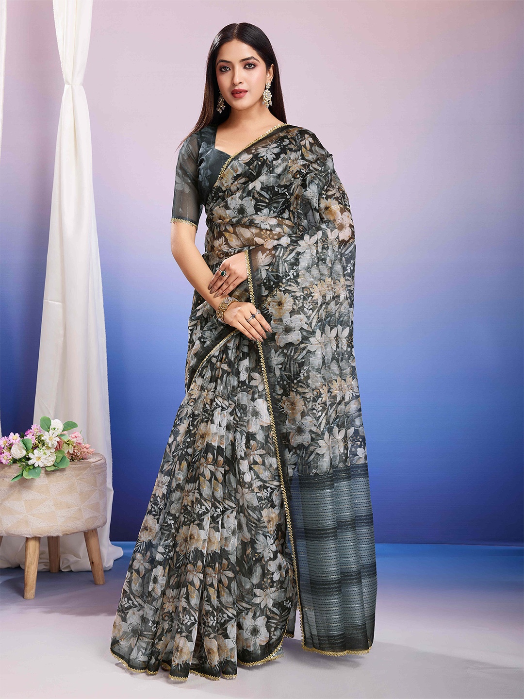 

Mitera Sequinned Organza Designer Saree, Black