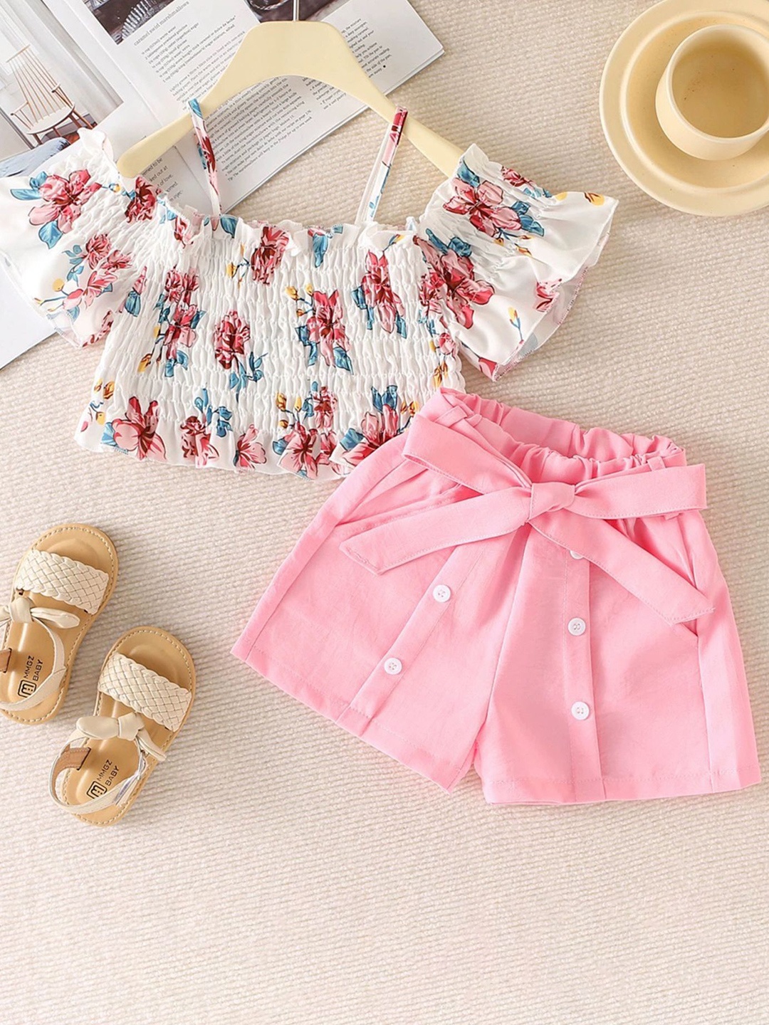 

LULU & SKY Girls Printed Off-Shoulder Top With Shorts, Pink