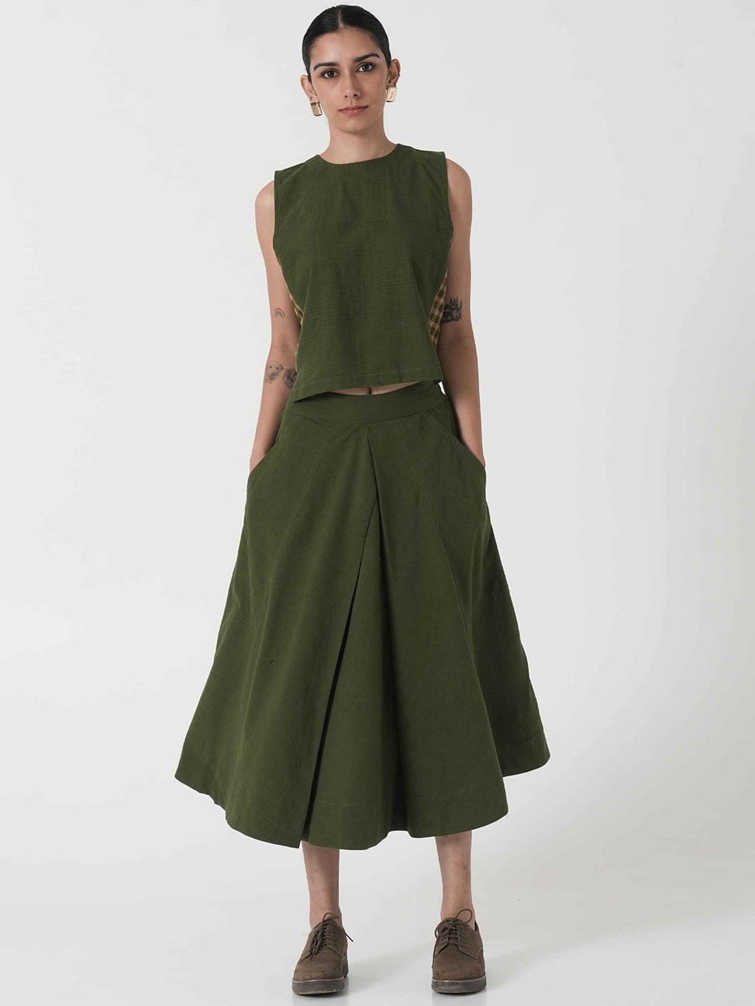 

the kaatn trail Jade Round Neck Pure Cotton Top With Skirt, Olive