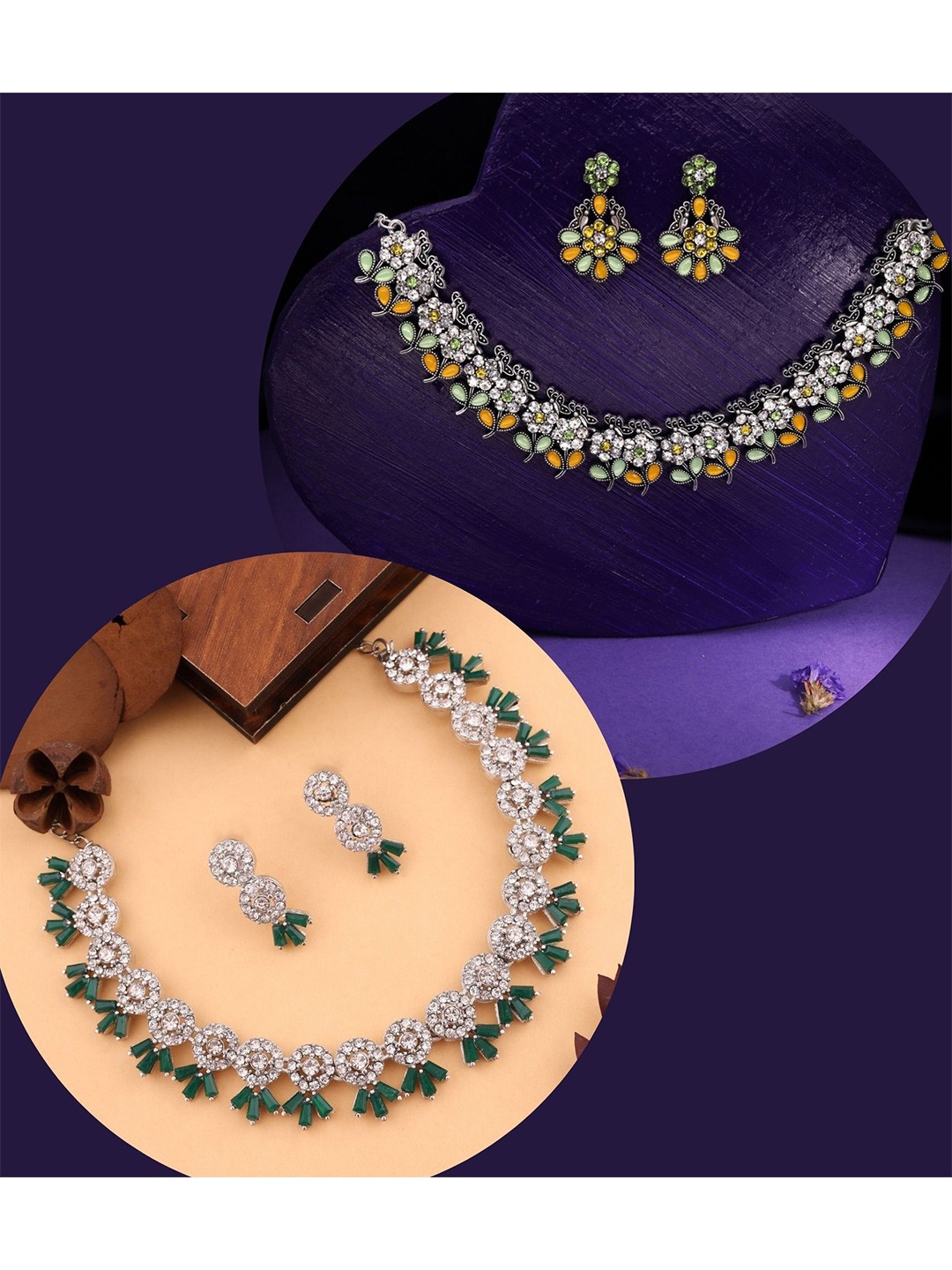 

DIVASTRI Set Of 2 Rose Gold & Silver-Plated American Diamonds Studded Jewellery Set