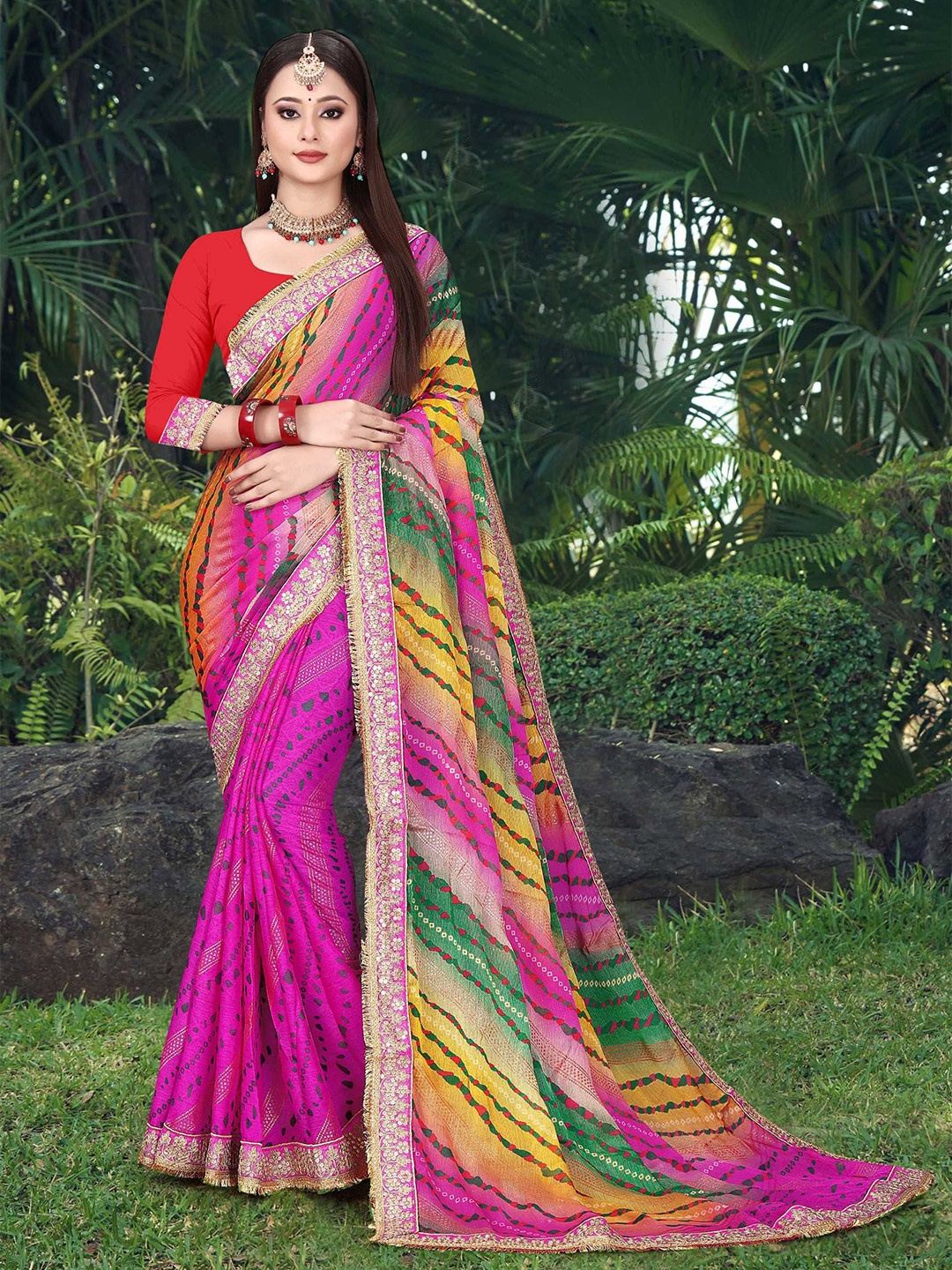 

DIVASTRI Bandhani Embroidered Poly Chiffon Bandhani Saree, Pink