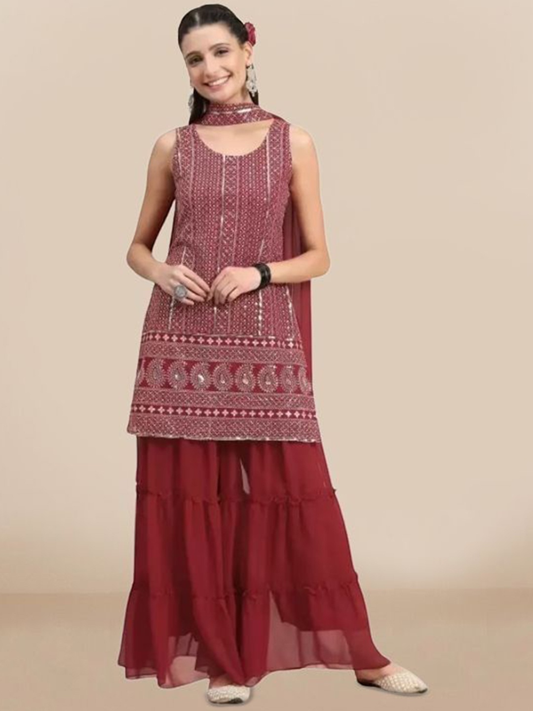 

PARROT CREATION Geometric Embroidered Georgette Straight Kurti With Sharara & Dupatta, Maroon