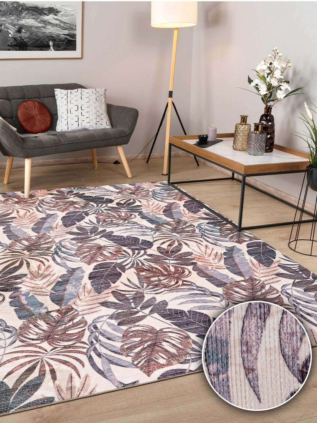 

Kaleen India Coffee Brown & Beige Floral Printed Rectangle Anti-Skid Carpet