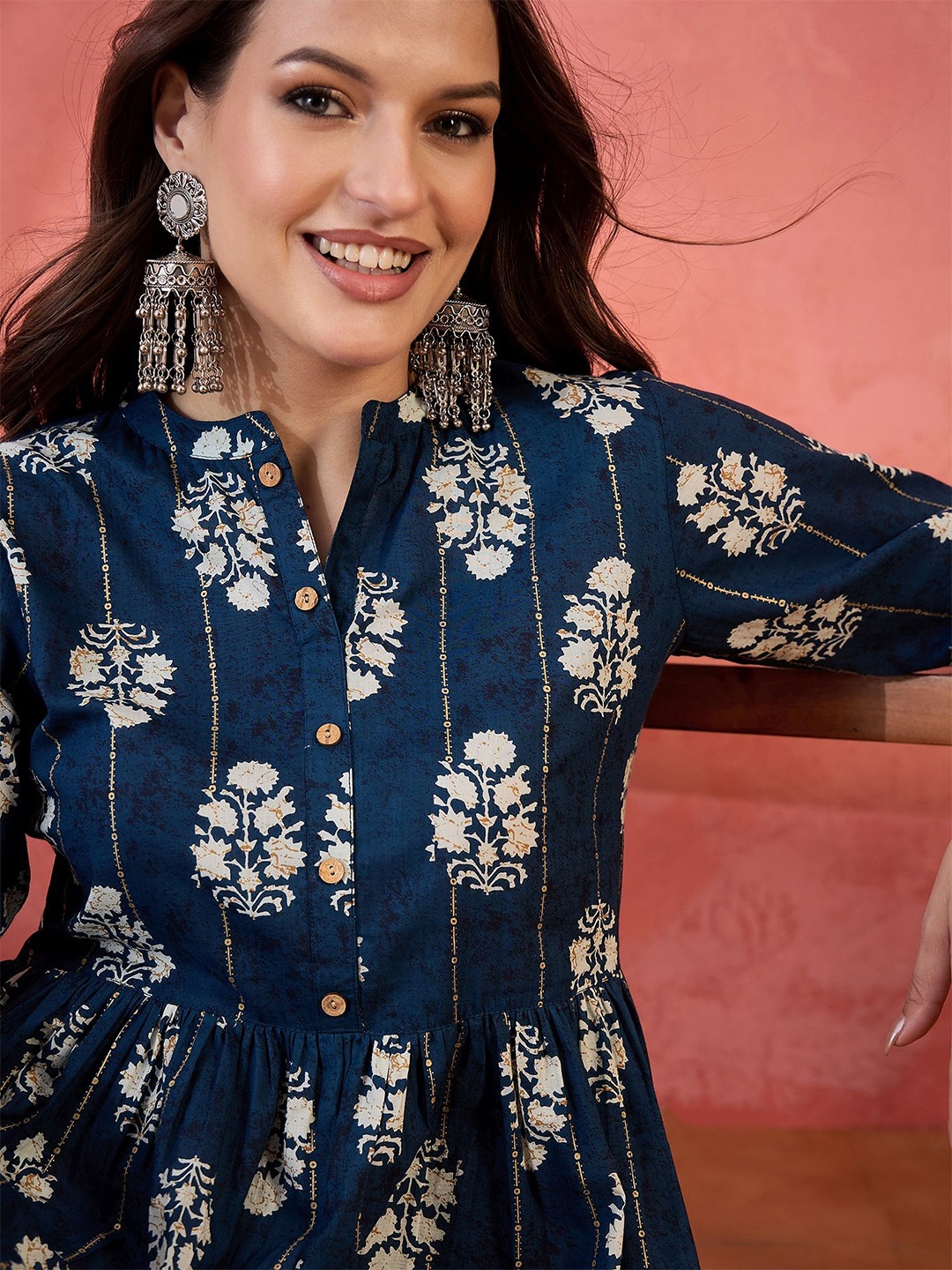 

Sangria Printed Pure Cotton Tops, Navy blue