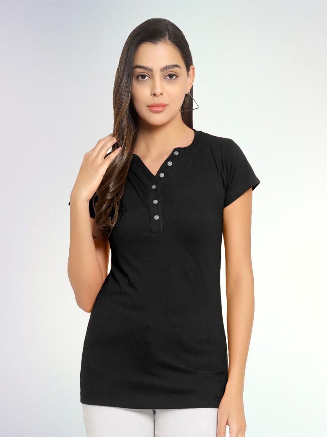 

Boldwink Women Solid V-Neck Cotton Slim Fit T-shirt, Black