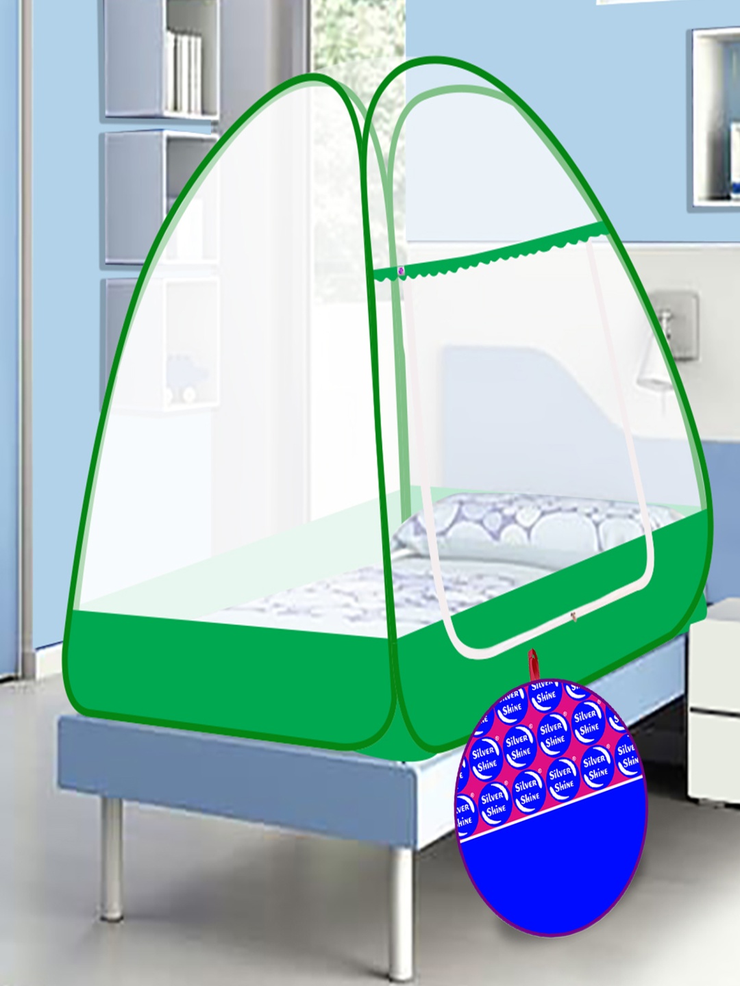 

Silver Shine Green & White Single Bed Foldable Tent Mosquito Net