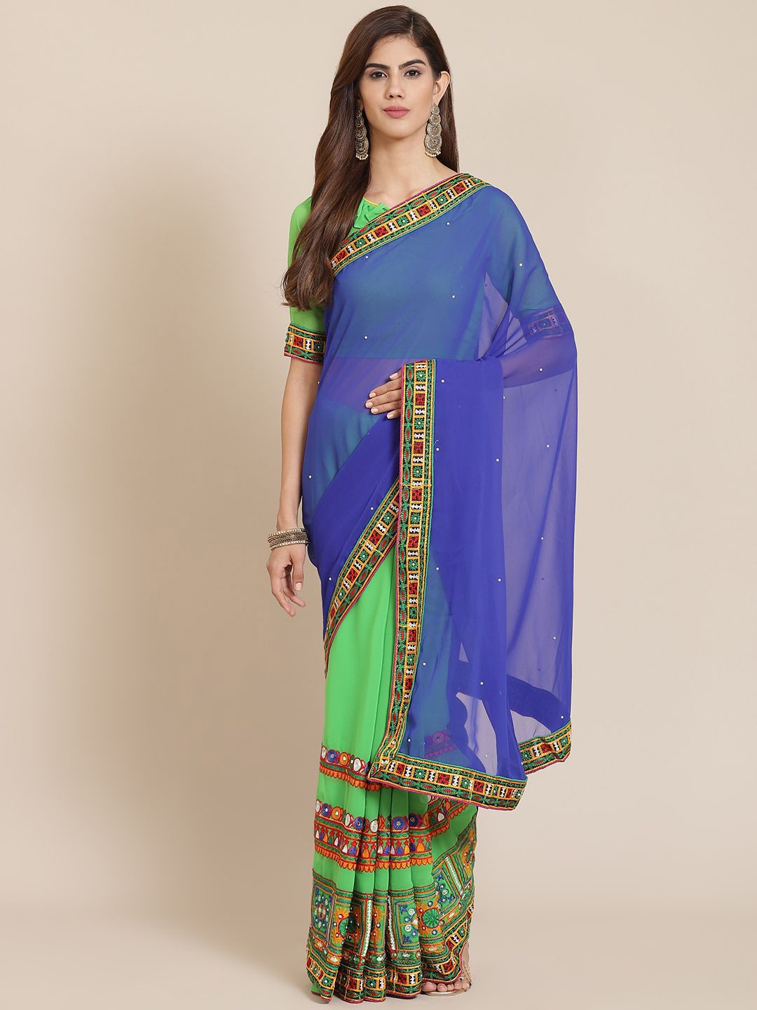 

DIVASTRI Embellished Embroidered Pure Georgette Half and Half Saree, Blue