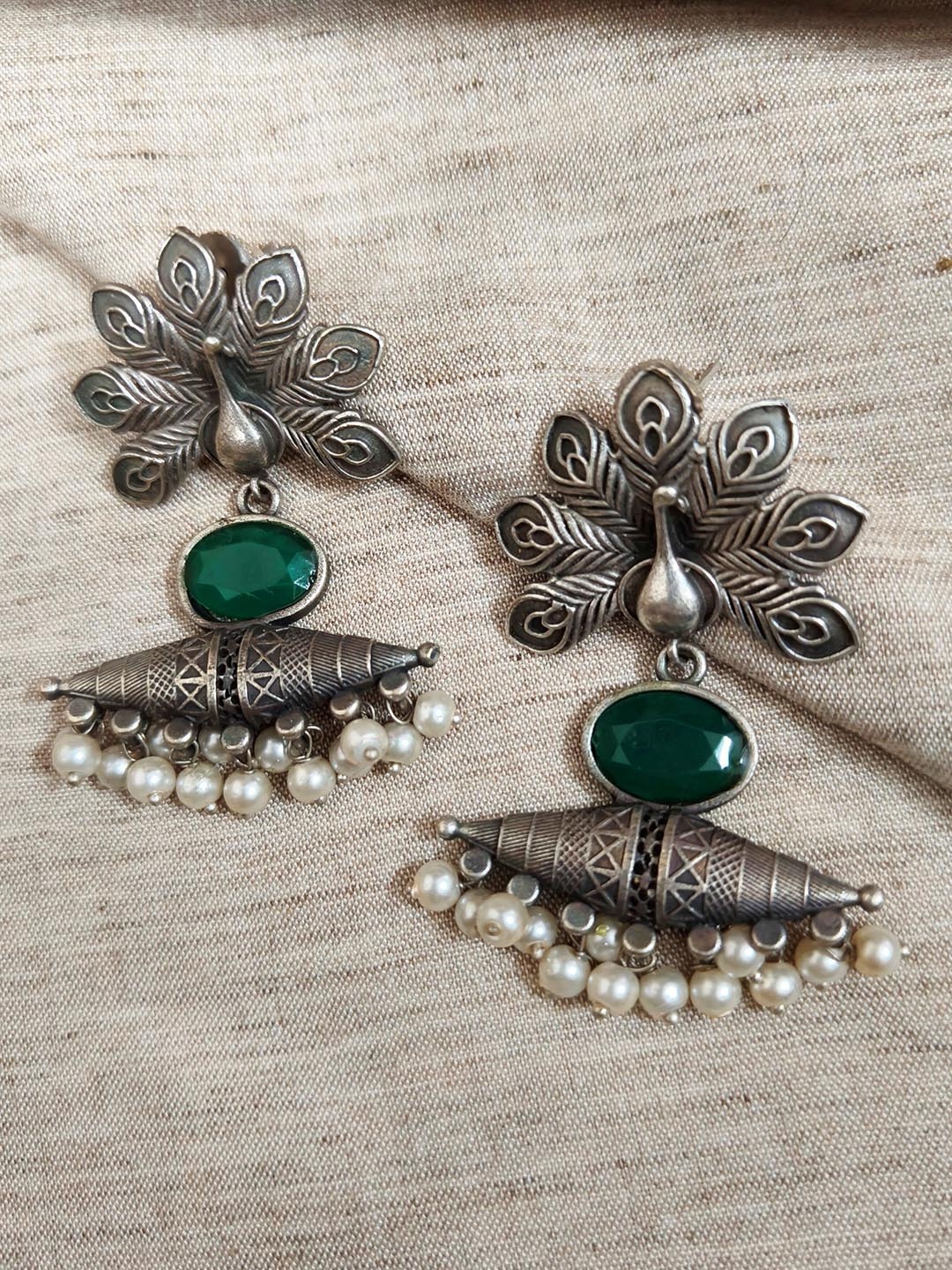 

Molcha Artificial Stones Studded Peacock Shaped Drop Earrings, Silver