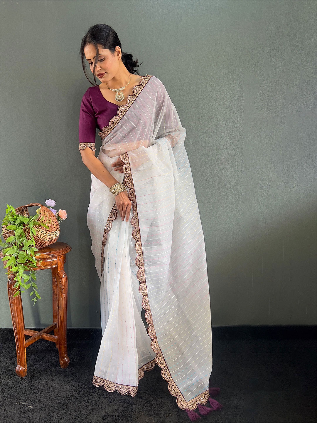 

Anouk Striped Sequinned Saree, White