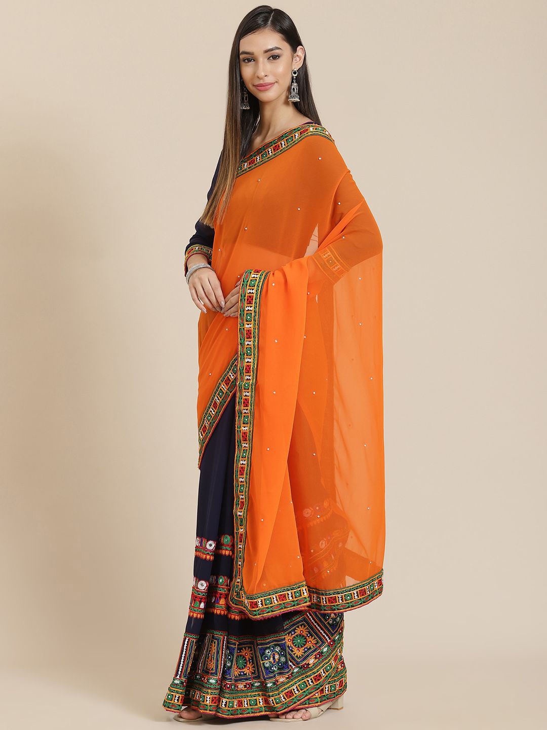 

DIVASTRI Embellished Kutchi Embroidery Pure Georgette Half and Half Saree, Orange