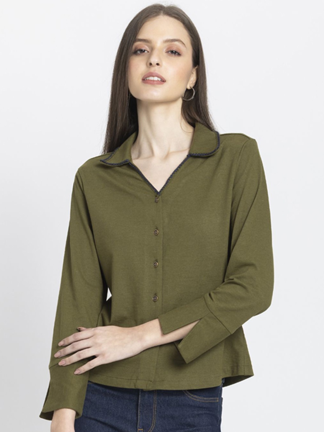 

SHAYE Women Relaxed Opaque Casual Shirt, Olive
