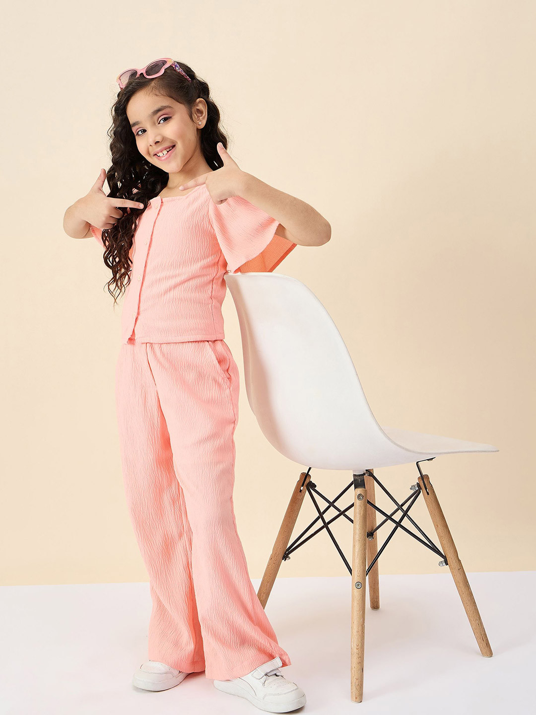 

Stylo Bug Girls Self Design Square Neck Top With Trousers, Peach