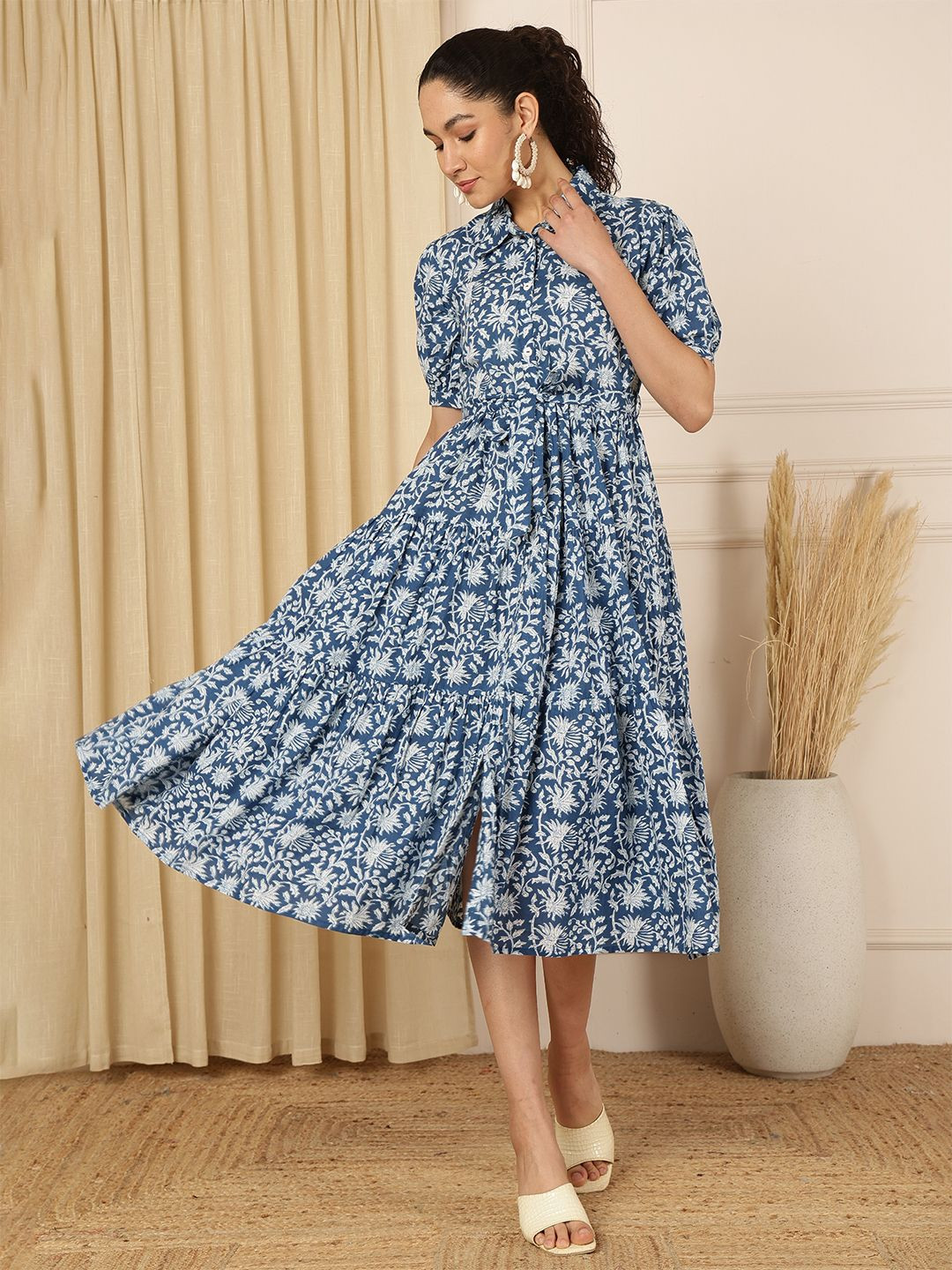 

KALINI Women Cotton Ethnic Motifs Printed Tiered Shirt Collar A-Line Midi Dress, Blue
