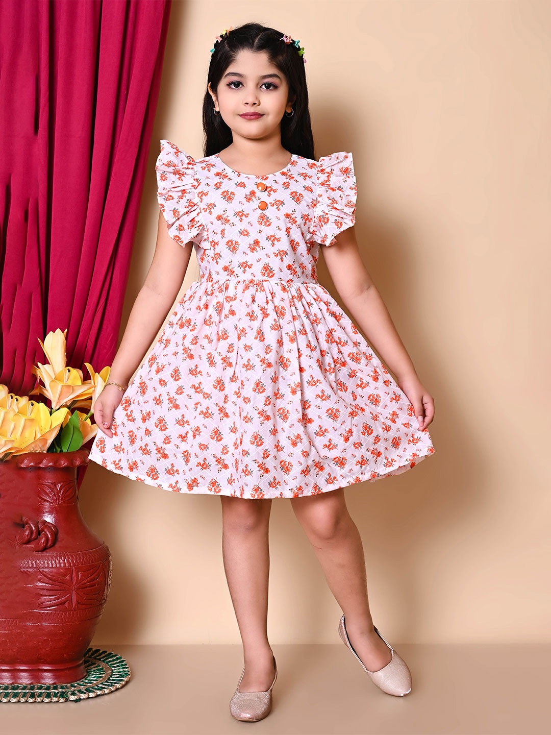 

BARKAT DESIGNING PLANET Floral Flared Sleeve A-Line Dress, Red