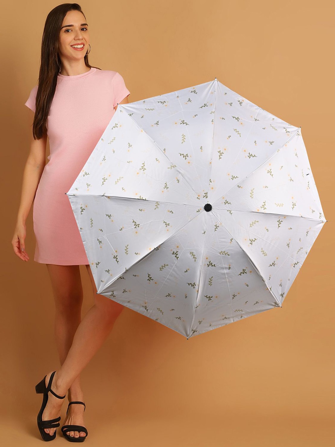 

LOOM LEGACY Manual 3 Fold Floral Printed Sun & UV Rays Protective Umbrellas, Grey