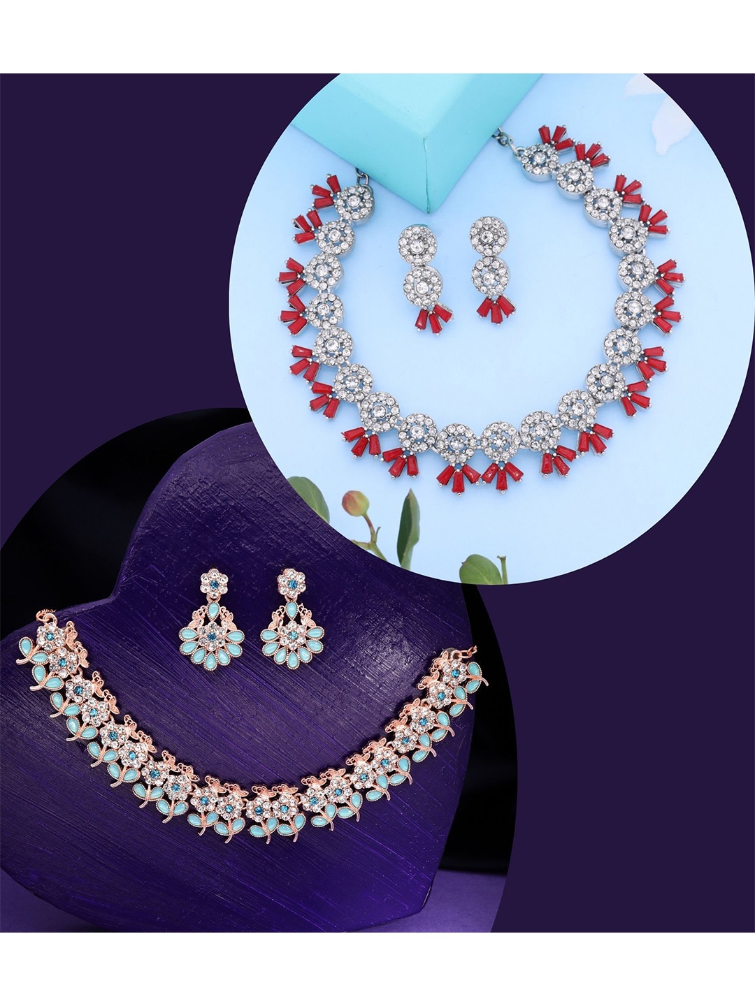 

DIVASTRI Set Of 2 Silver Plated American Diamond Studded Jewellery Set