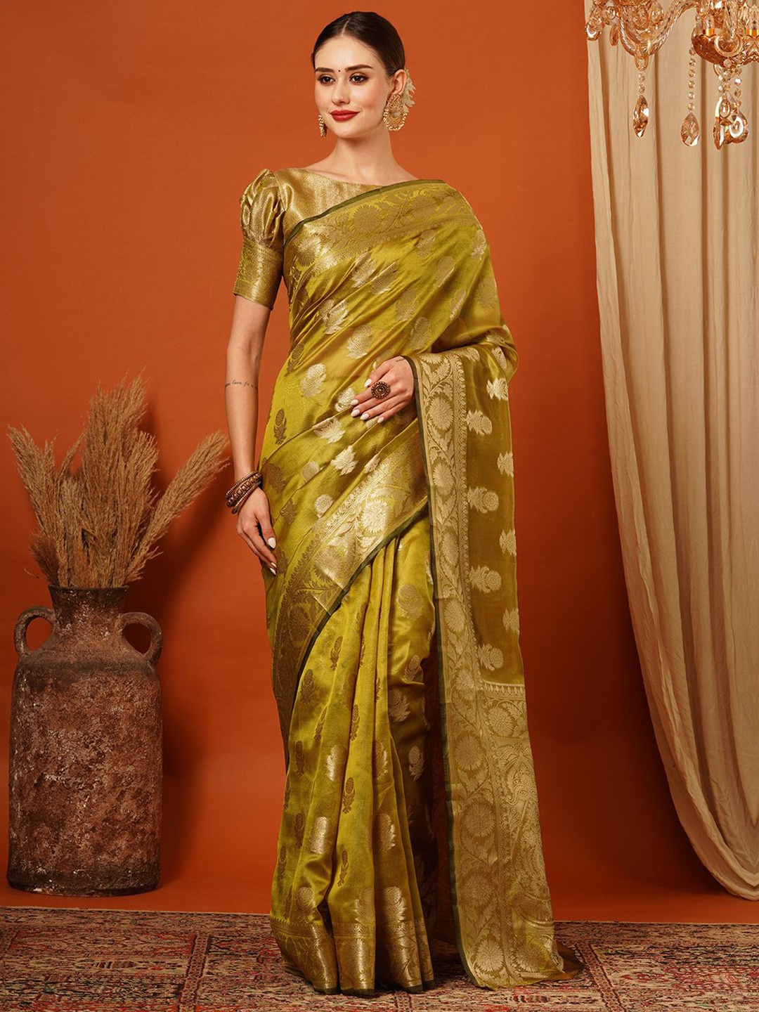 

SILKWEAR Floral Zari Organza Banarasi Saree, Mustard