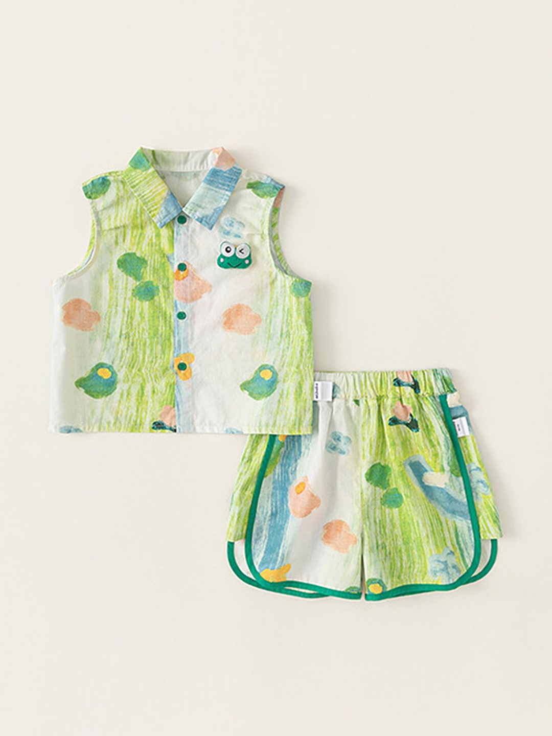 

LULU & SKY Boys Printed Shirt Collar Pure Cotton Shirt With Shorts, Green