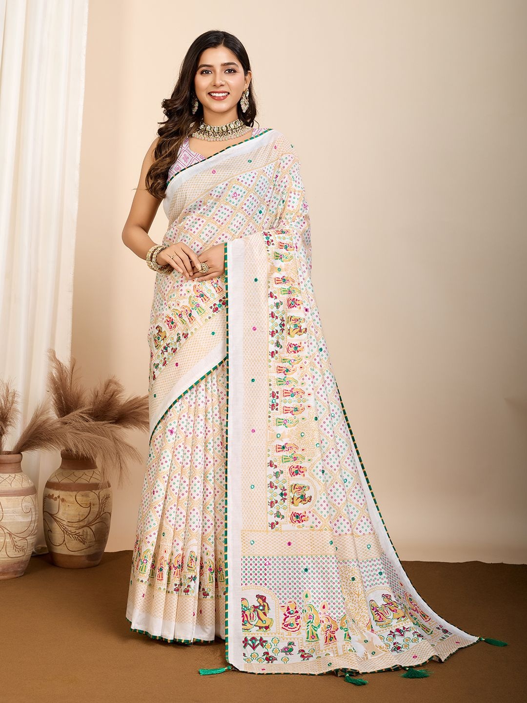 

Nimidiya Ethnic Motifs Mirror Work Pure Cotton Patola Saree, White