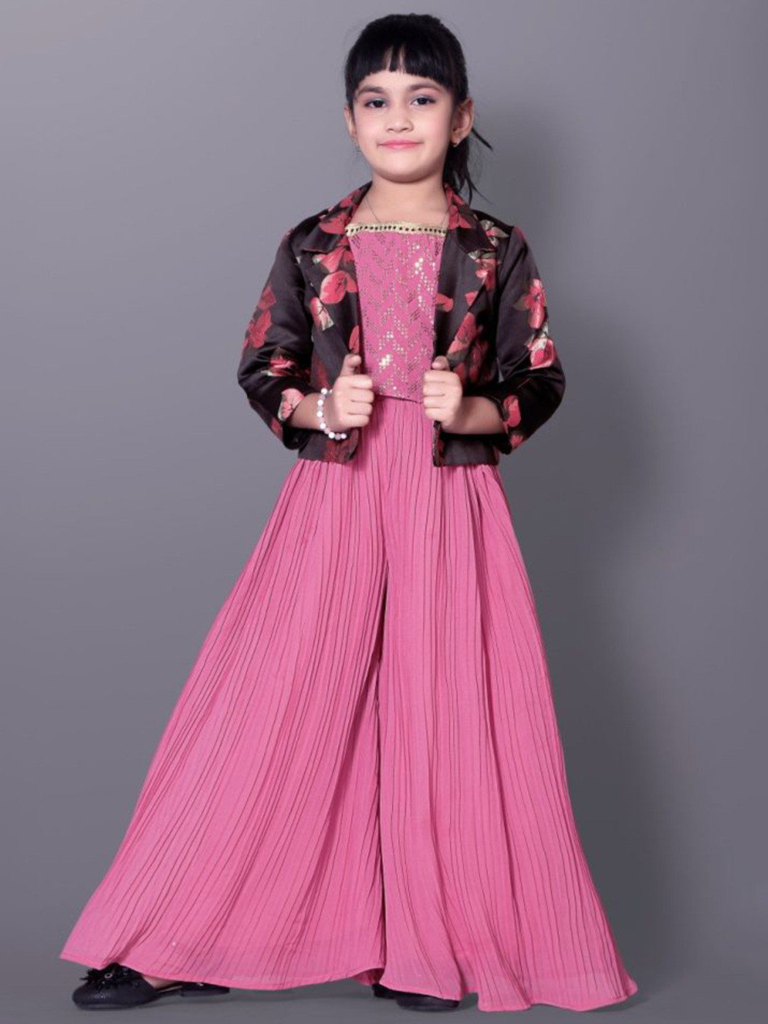 

BAESD Girls Embroidered Sequinned Shoulder Strap Top & Jacket With Palazzo, Pink